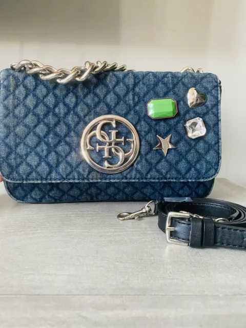 Beautiful Stylish GUESS Women's G Lux Quilted Denim Crossbody Flap Handbag Rare