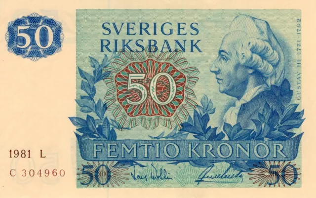 Sweden 50 Kronor 1981 L UNC Banknote P-53c Prefix C Paper Money