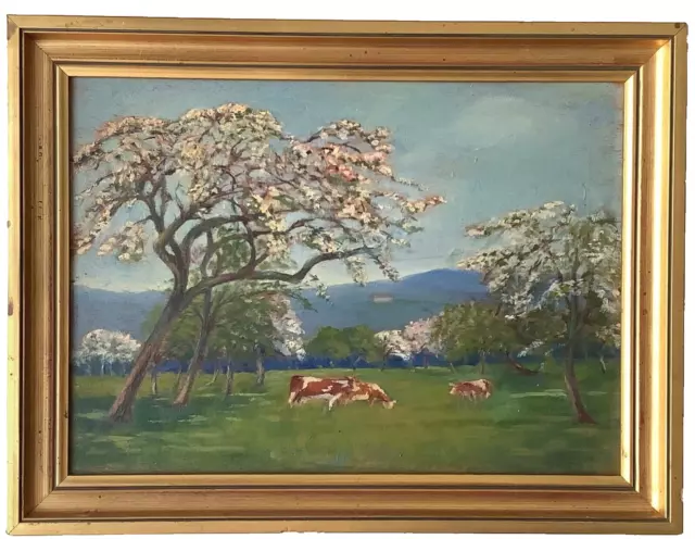 1920's French Impressionism Landscape with Cows in the Orchard Oil Painting