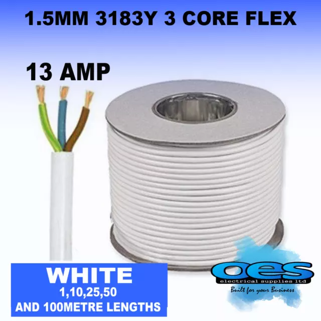 13Amp Flexible Cable 3183Y White 1.5Mm 3 Core Round Flex Electrical All Lengths