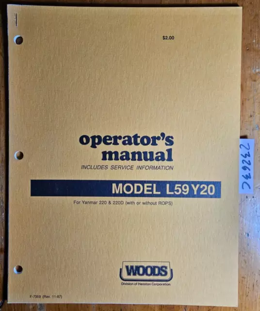 Woods L59 Y20 Rotary Mower for Yanmar 220 220D Owner Operator & Parts Manual '87