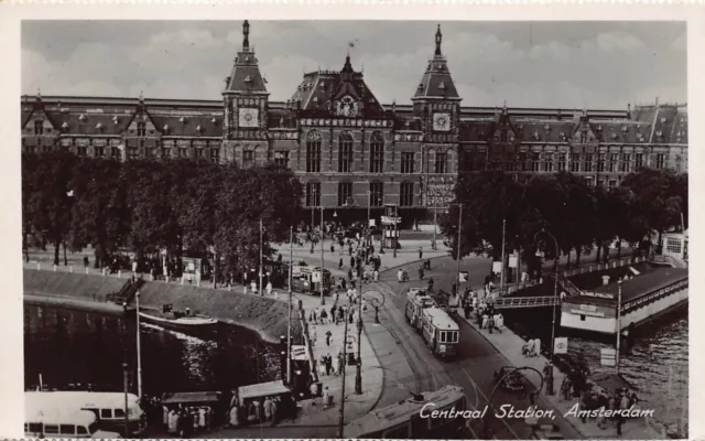 RPPC Amsterdam Holland Train Railroad Station Depot Trams Photo Vtg Postcard B5