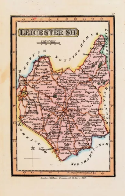 LEICESTERSHIRE, Darton Original Hand Coloured Miniature Antique County Map c1822