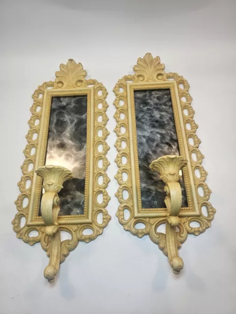 1972 Vintage Gold Wall Candle Holders Smoked Mirror Homco 2352 Hollywood Regency