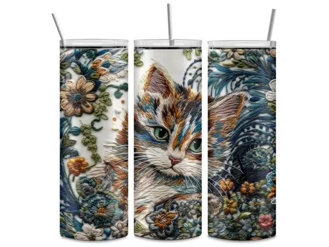 Pretty Floral "Embroidered" Cat Design 20oz Skinny Tumbler