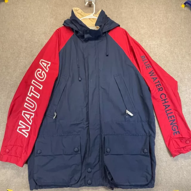 Nautica Blue Water Challenge Sailing Jacket Parka Mens XL Navy Red Packable Hood
