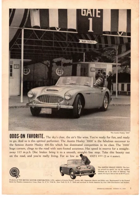 1960 Austin Healey 3000 2-Door Convertible Abingdon England BMC Sprite Print Ad