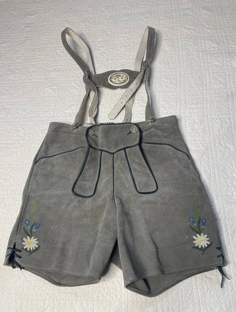 Vintage Oktoberfest Edelweiss Lederhosen US Size 30 Real Leather Gray/ Green
