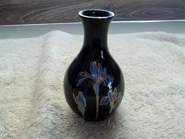 Signed OTAGIRI Small BLUE IRIS Vase, Black w/ Blue Iris Design