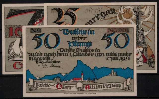 Garmisch-Partenkirchen; Oberammergau,  drei verschiedene Notgeldscheine 1921