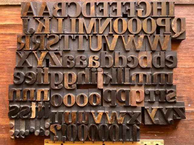 Rare Antique 101 piece Letterpress Printing WOOD TYPE Serif font Full Alphabet