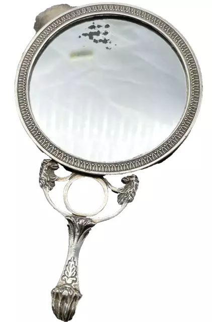 Ancien Miroir Face-à-main en ARGENT double face la prise en TÊTES de LION 2