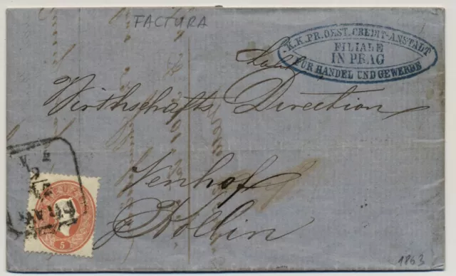 1863 5kr, Faltbrief, FACTURA, PRAG nach KOLLIN. Innen 5kr Stempelmarke! Schön!