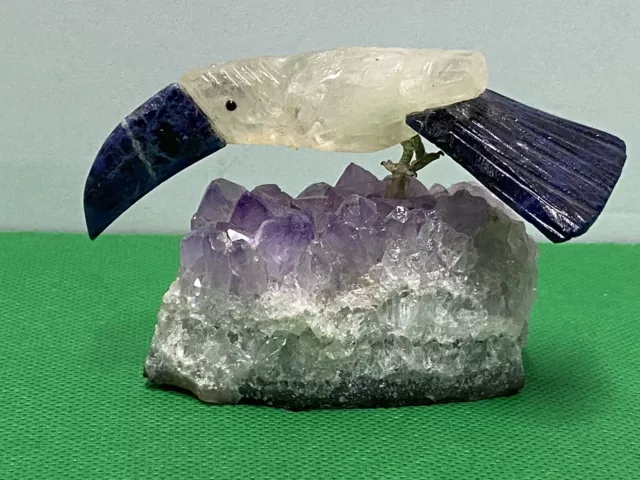 Hand Carved Stone Toucan Bird On Amethyst Crystal Stand Figure