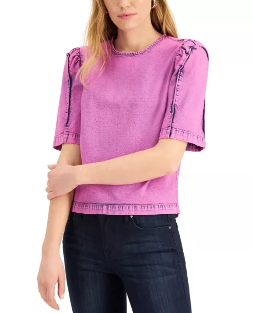 inc concepts international Women’s Pink Puff Sleeve Denim Top Stretch Sz XL