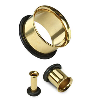PAIR (2) Gold-Tone IP Steel EAR PLUGS Single Flared Tunnels Piercing Jewelry