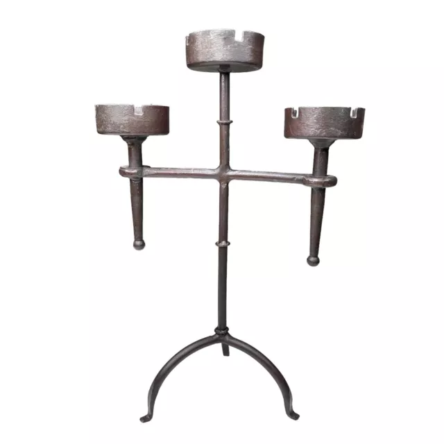Vintage Gothic Medieval Style Wrought Iron 3 Arm Candle Holders Brutalist