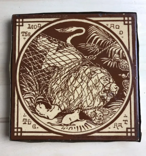 Antique Mintons Art Pottery Tile AESOPS FABLE Lion and the Rat 6x6 Brass Hanger