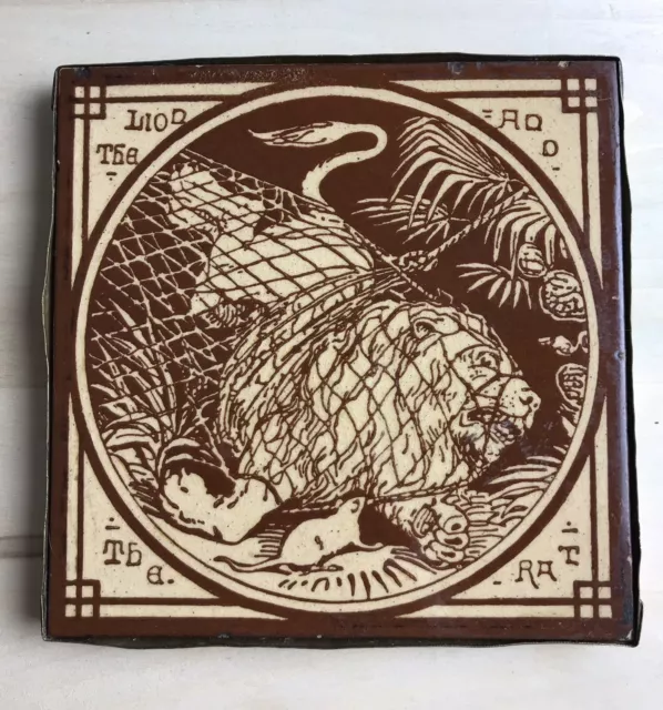 Antique Mintons Art Pottery Tile AESOPS FABLE Lion and the Rat 6x6 Brass Hanger