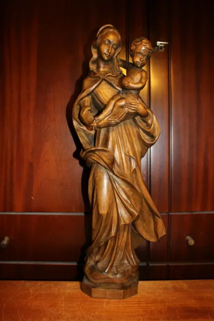 Antique 21" Wood Hand Carved Our Lady Mary Madonna Jesus Christ Statue Figure