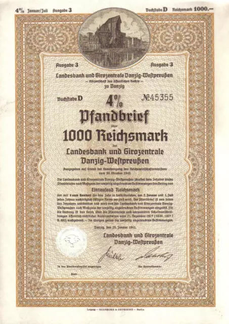 Poland WWII 1941 Landesbank Danzig III Reich 1000M Rare