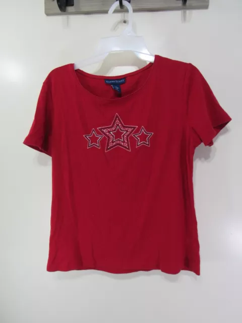 Womens Karen Scott Top Size S Red Stars Short Sleeve Pull Over