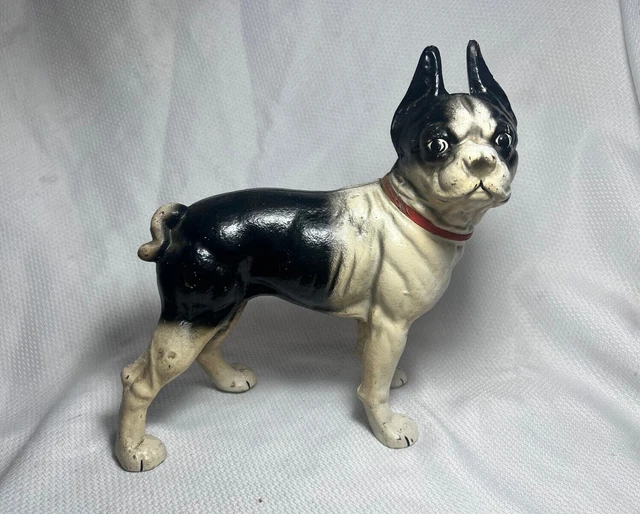 Vtg Right Facing Cast Iron Black And White Boston Terrier Dog Door Stop Statue