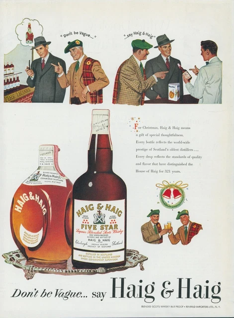 1948 Haig & Haig Dont Be Vague Scottish Fly Plaid Bells Tray Vintage Print Ad C2