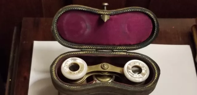 ANTIQUE LAMIER PARIS MOP MOTHER OF PEARL OPERA GLASSES leather case binoculars