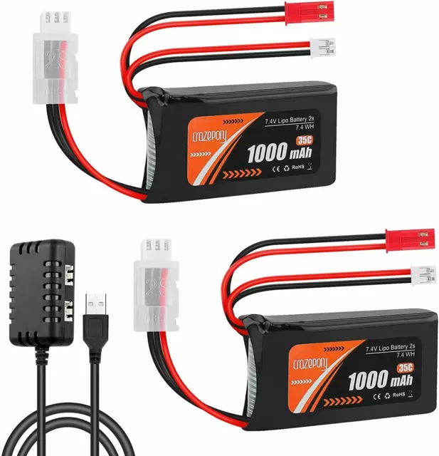 2Pcs SCX24 Batteries 2S 1000mAh 7.4V 35C Lipo Battery with 2 in 1 USB Charger UK