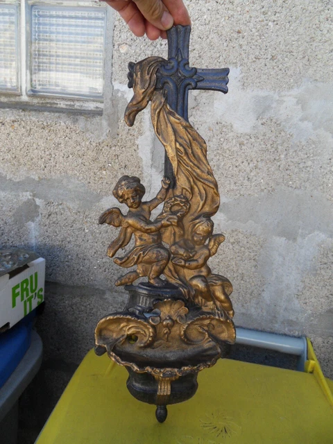 benitier holy water font reliquary decor ange angelot putti en metal rehaussé or