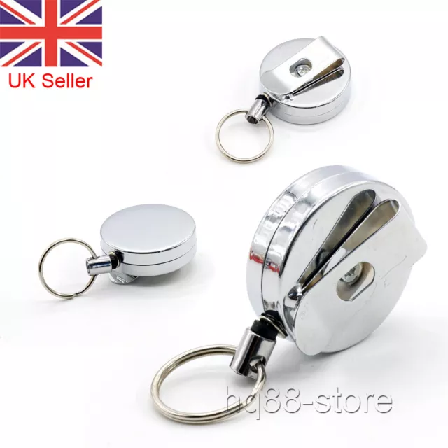 5X Stainless Pull Ring Retractable Key Chain Recoil Keyring Heavy Duty Steel UK