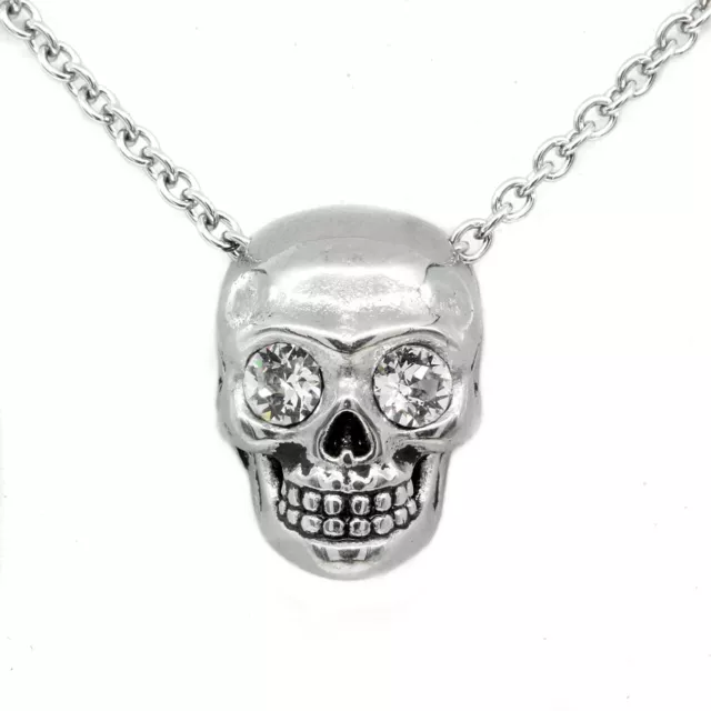 Skull Pendant Necklace White Swarovski Crystals Skeleton Head Stainless Steel