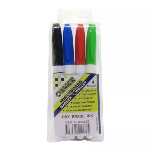 4 Pack Osmer Whiteboard Markers Fine Tip 1.3mm OS2119 in handy wallet