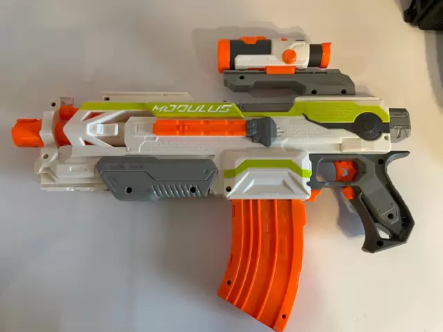 2014 Nerf N-Strike Modulus Blaster with Full Clip and Scope Works Great Mint