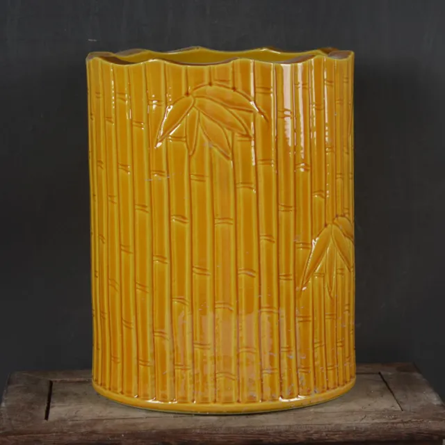 7" Collect China Porcelain Yellow Glaze Carving Folia Bambosae Grain Brush Pot