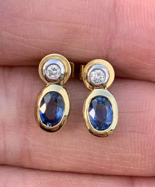 18ct Gold Sapphire & Diamond Drop Dangling Earrings, 18k 750