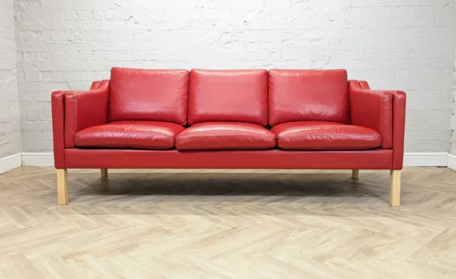 Mid-Century Danish Sofa Red Leather 3 Seater Mogensen Style Modern Vintage