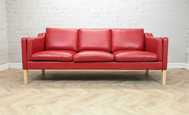Mid-Century Modern Vintage Danish Red Leather 3 Seater Sofa Mogensen Style