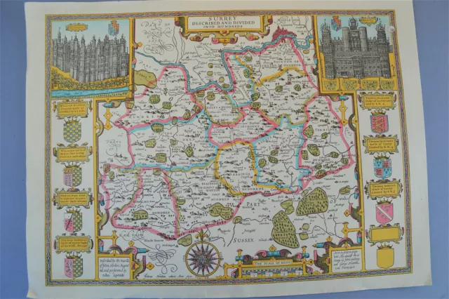 Vintage decorative sheet map of Surrey John Speede 1610