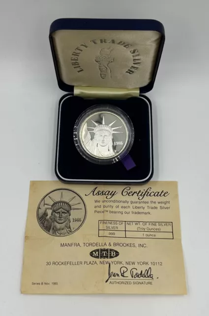 1985 MTB  STATUE OF LIBERTY ONE TROY OUNCE .999 Fine Silver W/Box & Coa