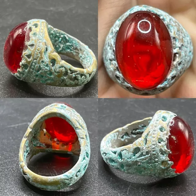 Vintage Old Medieval Bronze Ring With Lovely Red Glass On Top