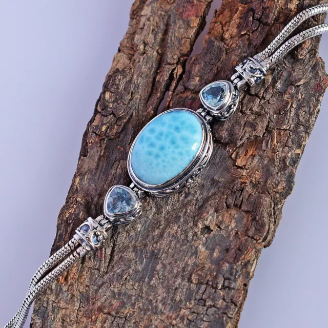 Larimar Gemstone Bracelet 925 Sterling Silver Blue Topaze Bijoux Cadeau de Noël