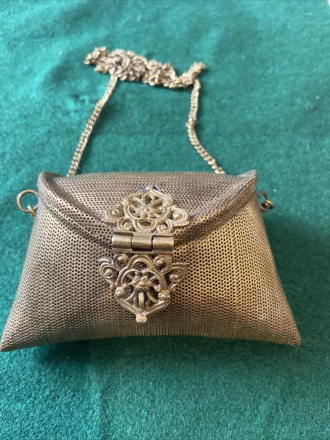 Vintage Art Deco Brass Copper Purse/bag With Chain Stunning Velvet Lined