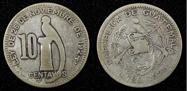 GUATEMALA Silver 1925 10 Centavos 1 st YEAR TYPE BETTER DATE KM# 239.1 (22 754)
