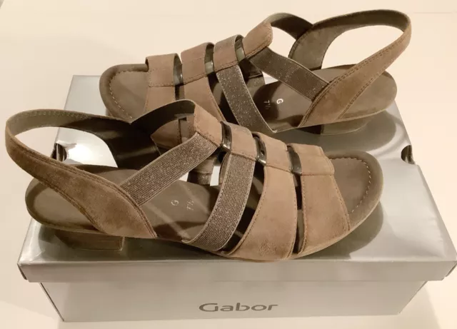 GABOR UK 7.5 G Joan Comfort Sandals. Mineral/Taupe Suede Leather. Excellent Cond