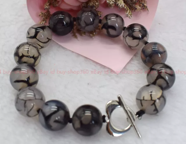 Pretty! Genuine Black Dragon Veins Agate Round Gems Beads Bracelet 7.5 " AAA