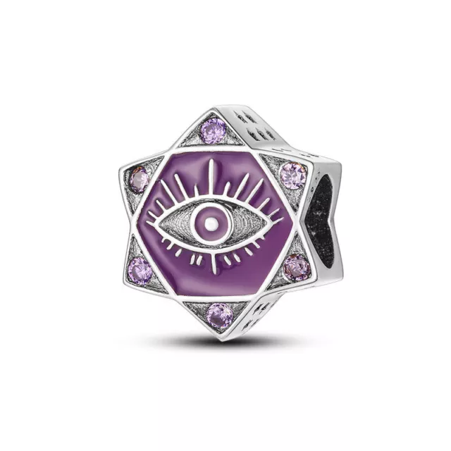 Genuine Sterling Silver 925 Purple Evile Eye Charm Fatima Hamsa Star Protection