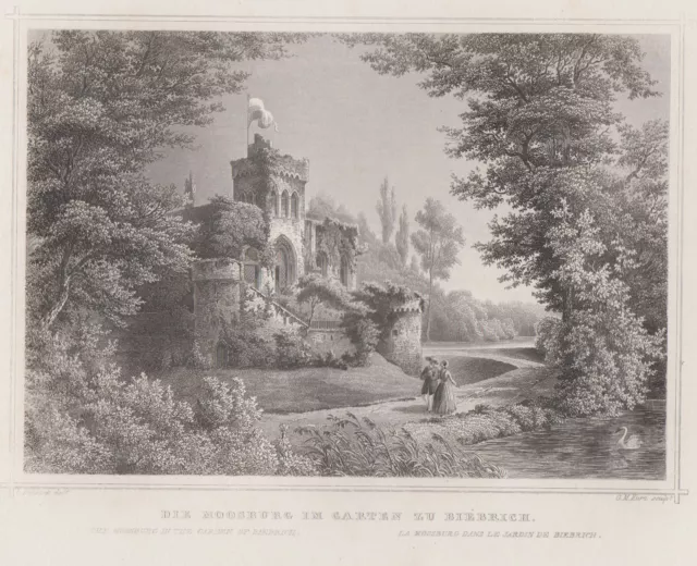 Wiesbaden Biebrich Original Grabado de Acero Corto 1870