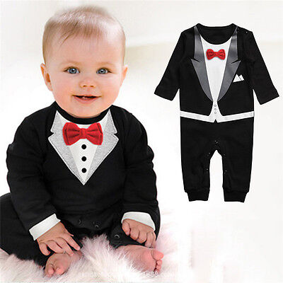 Baby Formal Suit Tuxedo Romper Wedding Party Bodysuit Jumpsuit Newborn Outfits